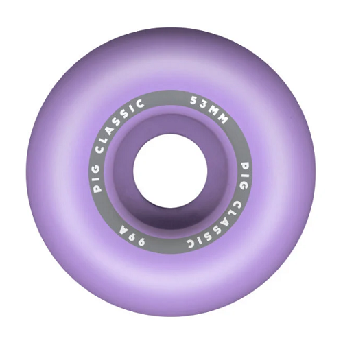 Back of a purple Pig skateboard wheel featuring a gray ring with text Pig Classic 52mm 99a.