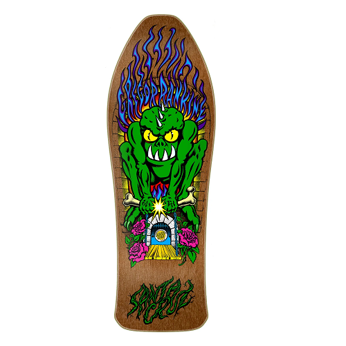A brown santa cruz Gregor Rankine skateboard featuring a green gremlin monster holding bones and roses on a white background. 