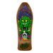 A brown santa cruz Gregor Rankine skateboard featuring a green gremlin monster holding bones and roses on a white background. 