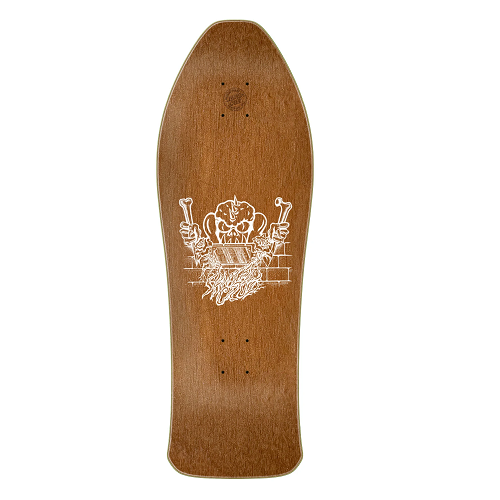Top of a brown stain santa cruz skateboard featuring a sketch drawing of a gremlin breaking a brick wall with bones on a white background. 