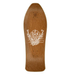 Top of a brown stain santa cruz skateboard featuring a sketch drawing of a gremlin breaking a brick wall with bones on a white background. 