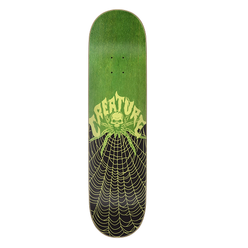 A creature skateboard deck featuring a spider with skull head on a spiderweb under a creature logo.