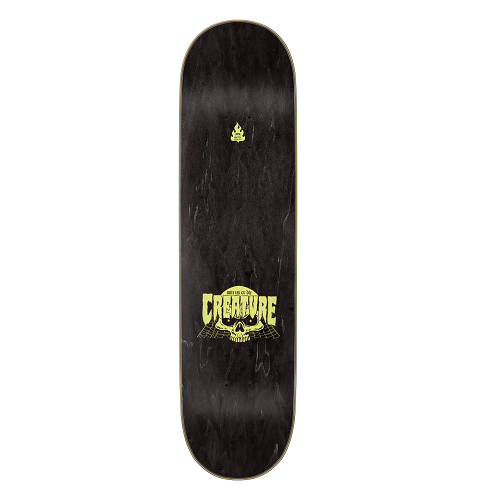 Top of a black stained creature skateboard with a creature logo of skull and webs.
