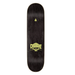 Top of a black stained creature skateboard with a creature logo of skull and webs.