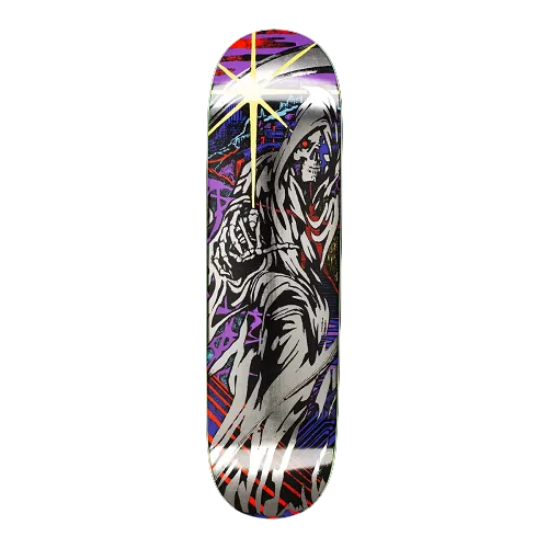 A black Hockey skateboard featuring a silver foil grim reaper with swirls of red and purple on a white background. 