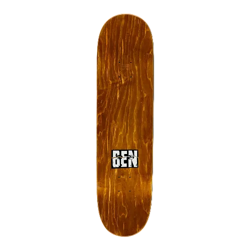 Top of a Hockey skateboard in brown stain with the text Ben on a white background. 