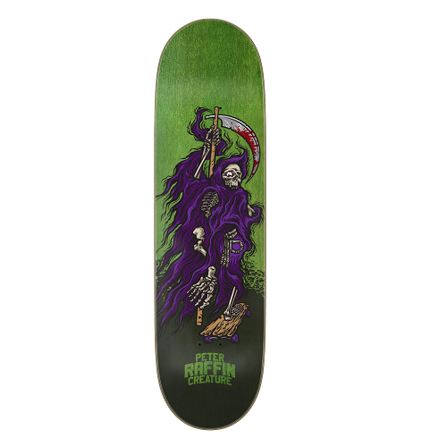 A green stained creature skateboard featuring a grim reaper with a riding a skateboard and the name Peter Raffin.