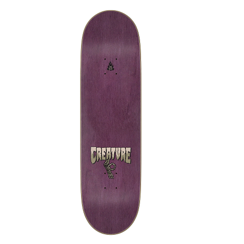 Top of a purple stained skateboard featuring a creature logo in grey and a skeleton hand. 