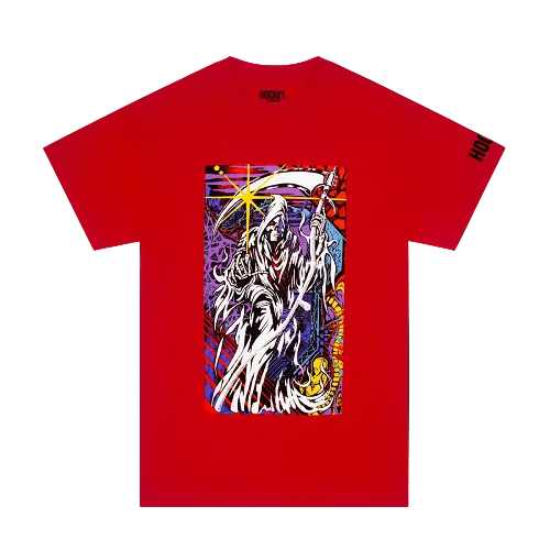 A red Hockey tshirt featuring a grim reaper surrounded by swirls of purple, red and yellow on a white background.