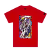 A red Hockey tshirt featuring a grim reaper surrounded by swirls of purple, red and yellow on a white background.