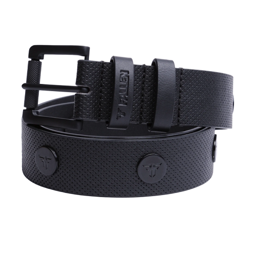 A black textured belt with a matching black buckle, shown coiled on a white background. The belt features a perforated texture, circular logo medallions, and a vertical brand name 'Fallen' embossed on the keeper.