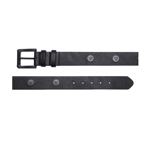 A textured black leather belt shown from two angles: one displaying the black metal buckle and strap, and the other showing the inner side with silver-toned round metal rivets and size holes. The brand logo 'FF' is visible on the buckle and rivets.