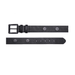 A textured black leather belt shown from two angles: one displaying the black metal buckle and strap, and the other showing the inner side with silver-toned round metal rivets and size holes. The brand logo 'FF' is visible on the buckle and rivets.