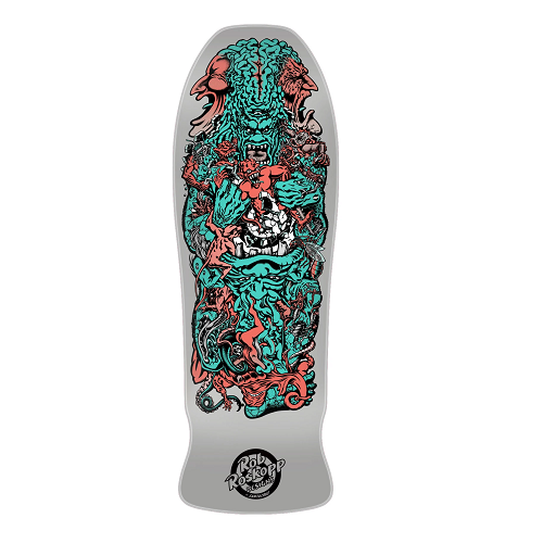 A silver Santa Cruz Rob Roskopp skatebaord featuring a hectic scene of a several monster faces on a white background. 