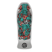 A silver Santa Cruz Rob Roskopp skatebaord featuring a hectic scene of a several monster faces on a white background. 