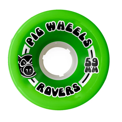 A green Pig skateboard wheel with a black and white pig head, black and white text reading pig wheels 59mm rovers. 