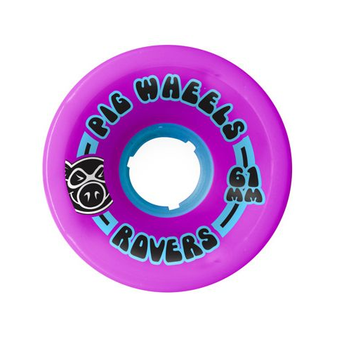 A pink Pig skateboard wheel with a black and white pig head, black and blue text reading pig wheels 61mm rovers. 