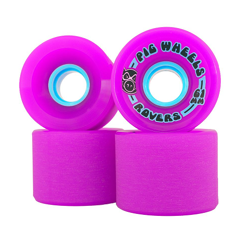 Set of four pink Pig wheels 2 side view, 1 back view and 1 front view with the pig head and blue and black text reading pig wheels 61mm rovers.