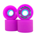 Set of four pink Pig wheels 2 side view, 1 back view and 1 front view with the pig head and blue and black text reading pig wheels 61mm rovers.