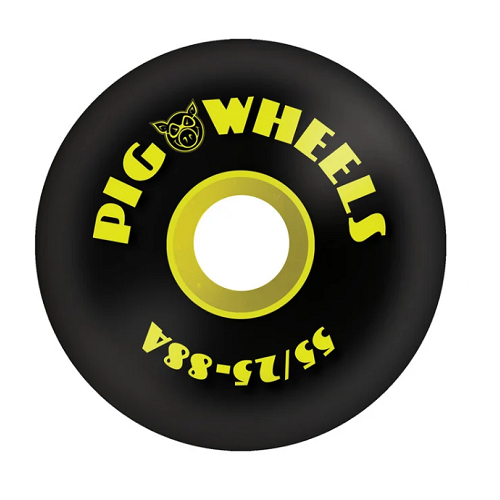 A black Pig skateboard wheel with a yellow core and yellow text that reads pig wheels 55/25-88a and a small pig head. 
