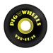 A black Pig skateboard wheel with a yellow core and yellow text that reads pig wheels 55/25-88a and a small pig head. 
