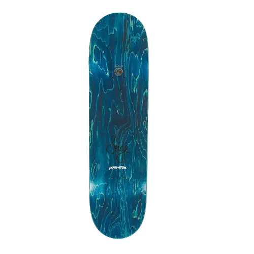 Top of an FA skateboard in blue stain with text Sage and Fucking Awesome on a white background. 