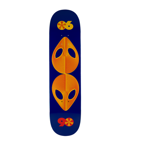 A skateboard deck featuring a dark navy blue background with two large orange alien head graphics stacked vertically, and orange and red stylized numbers at the top and bottom.