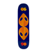 A skateboard deck featuring a dark navy blue background with two large orange alien head graphics stacked vertically, and orange and red stylized numbers at the top and bottom.