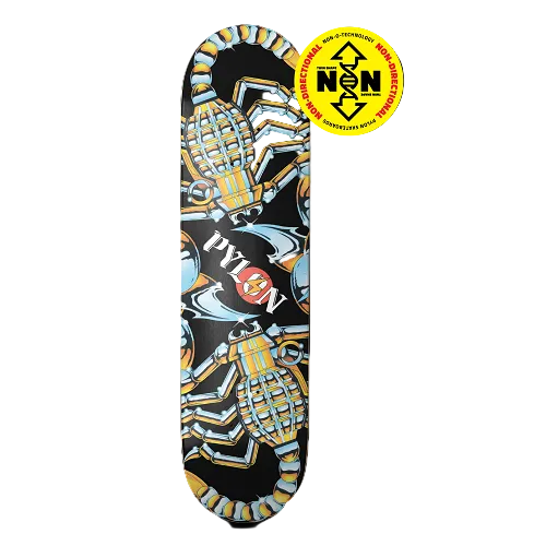 A skateboard deck with a black background and a detailed graphic design featuring scorpions, grenades, and the brand name 'Pylon' in white. Twin shape sticker indicated next to image.