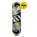 A skateboard deck with a black background and a detailed graphic design featuring scorpions, grenades, and the brand name 'Pylon' in white. Twin shape sticker indicated next to image.