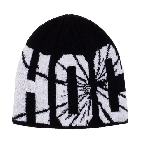 A black Hockey skully beanie with the work hockey wrapping around entire beanie in a broken shattered font. 