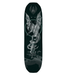 A skateboard deck featuring a detailed silver dragon graphic on a black background, with a winged logo at the top and a dark landscape illustration at the bottom.