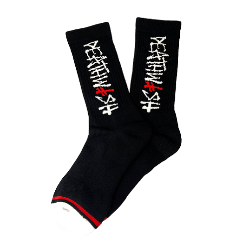A pair of black socks with white toe and the Deathwish deathspray logo in white and red on a white background. 