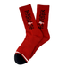 A pair of red socks with black toe and the Deathwish deathspray logo in black and white on a white background. 