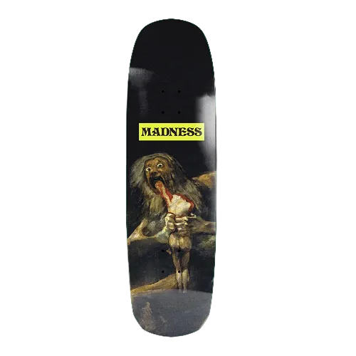 A black Madness skateboard featuring the classic painting of man eating his son with the text Madness in neon yellow. 