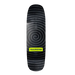 A skateboard deck featuring a black and gray spiral stripe pattern with a bright yellow 'MADNESS' logo label near the bottom, shown against a solid black background.