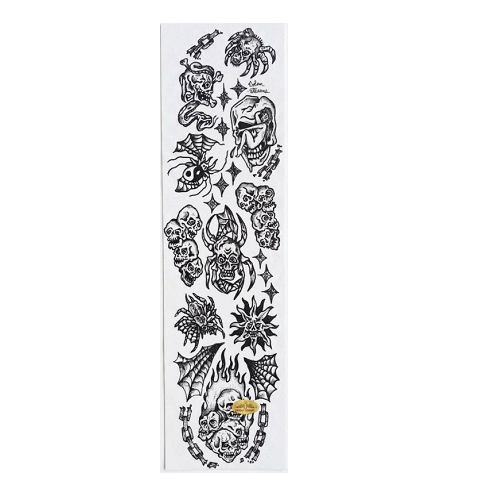 Skateboard grip tape featuring tattoo style artwork of spiders and skulls on clear grip tape. 
