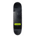 Top of a black stained Madness skateboard with a spiral design in black the neon yellow logo of Madness. 