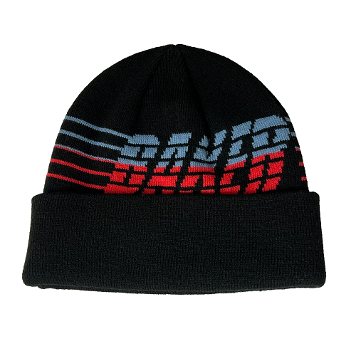 A black knit beanie hat featuring a bold graphic design with diagonal stripes in light blue, red, and black, and the word 'BAKER' woven across the front.
