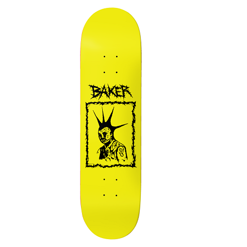 A bright yellow skateboard deck featuring a black graphic of a spiky-haired figure inside a jagged rectangular frame, with the word 'BAKER' above the graphic, shown on a plain white background.