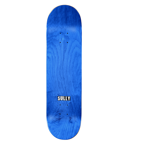A skateboard deck with a vibrant blue wood-grain finish and the name 'SULLY' printed in white with a black outline near the bottom center, isolated on a white background.