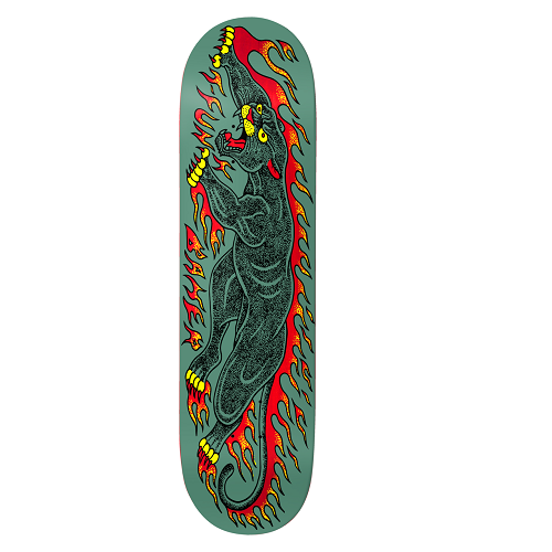 A skateboard deck featuring a detailed graphic of a black panther surrounded by red and orange flames on a muted teal-green background.
