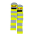 A pair of Toy Machine socks with a monster face and yellow and gray stripes.