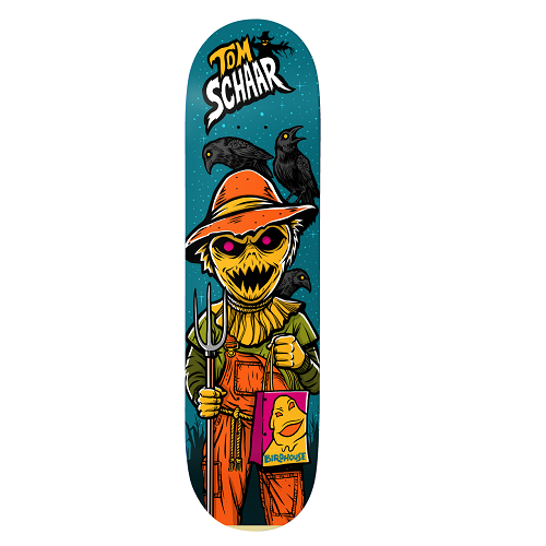 A blue BIrdhouse skateboard with a halloween theme graphic feature a kid dressed as a scarecrow trick or treating with the text Tom Scharr. 