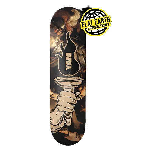 A Pylon skateboard deck featuring a graphic illustration of a hand holding a torch with flames with Yam inside, set against a dark background with a 'Flat Earth Concave Series' sticker overlay in the top right.