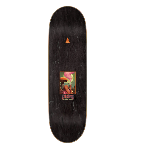 Top of a black stained skateboard with a center graphic of a psycadelic scene a mushroom, a woman with no head smoking a cigarette with pink smoke and the words Creature Mathias Torres. 