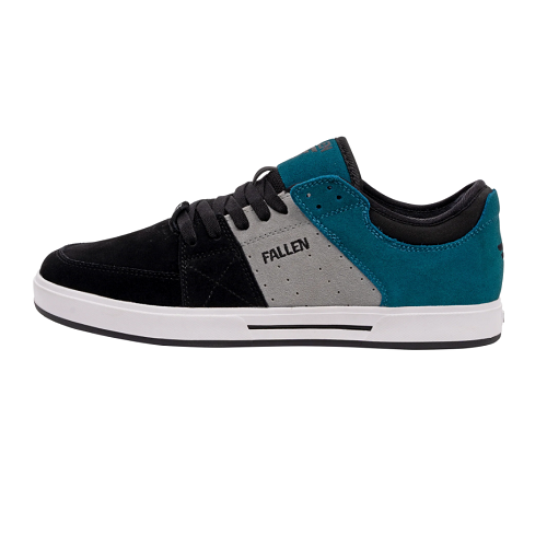 A low-top skate shoe by Fallen, featuring a color-blocked design with black suede, teal suede, and gray mesh panels, a black laces, and a white midsole.