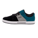 A low-top skate shoe by Fallen, featuring a color-blocked design with black suede, teal suede, and gray mesh panels, a black laces, and a white midsole.