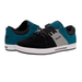 A pair of Fallen brand skate shoes featuring teal blue suede and black suede panels, a light gray suede side stripe with black branding, black laces, and a white midsole.