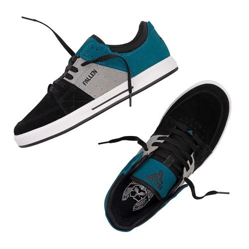 Two low-top sneakers shown on a plain white background, one from a side angle and one from a top angle. The shoes are black with teal panels, a light gray side stripe, white midsoles, and black laces.